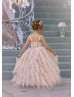 Beaded Pink Eyelash Lace Satin Flower Girl Dress With Cape